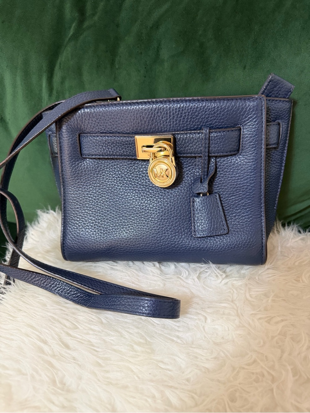 Michael Kors Navy Pebbled Leather Crossbody with Gold MK Lock